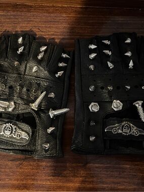 Black Studded Fingerless Leather Gloves with Silver Spikes